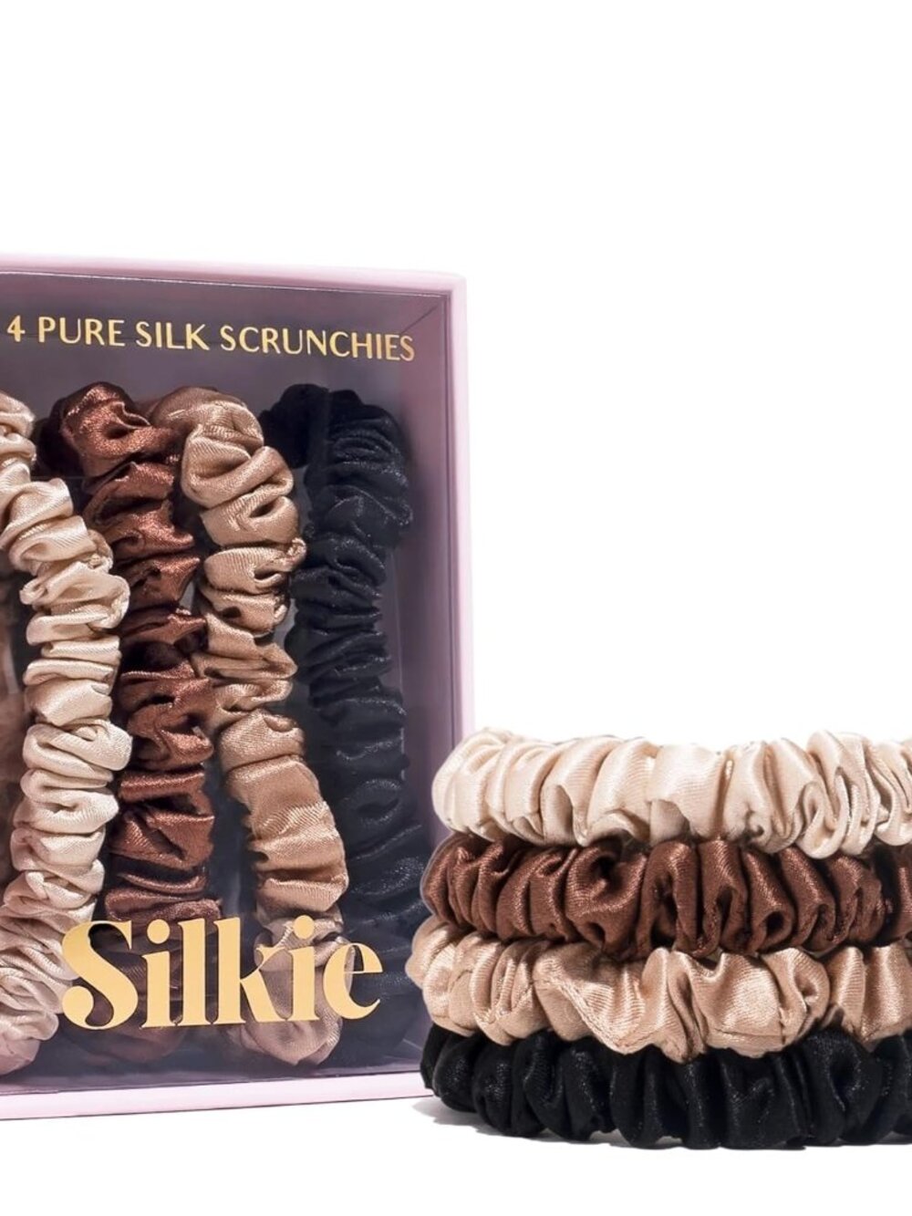 x4 Set - Forget Satin - 100% Pure Mulberry Silk Black Brown Skinny Scrunchies Tr